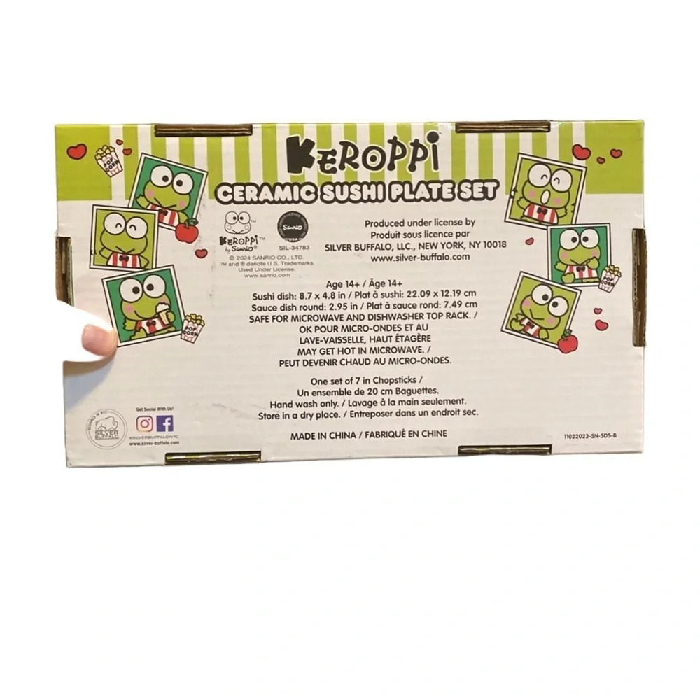Sanrio Keroppi Ceramic Sushi Plate Set New NIB Dipping Bowl Chopsticks Striped - Picture 2 of 4